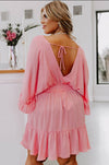 (Plus size)Pink Ruffled Knotted Open Back Wrap V Neck