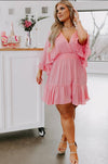 (Plus size)Pink Ruffled Knotted Open Back Wrap V Neck